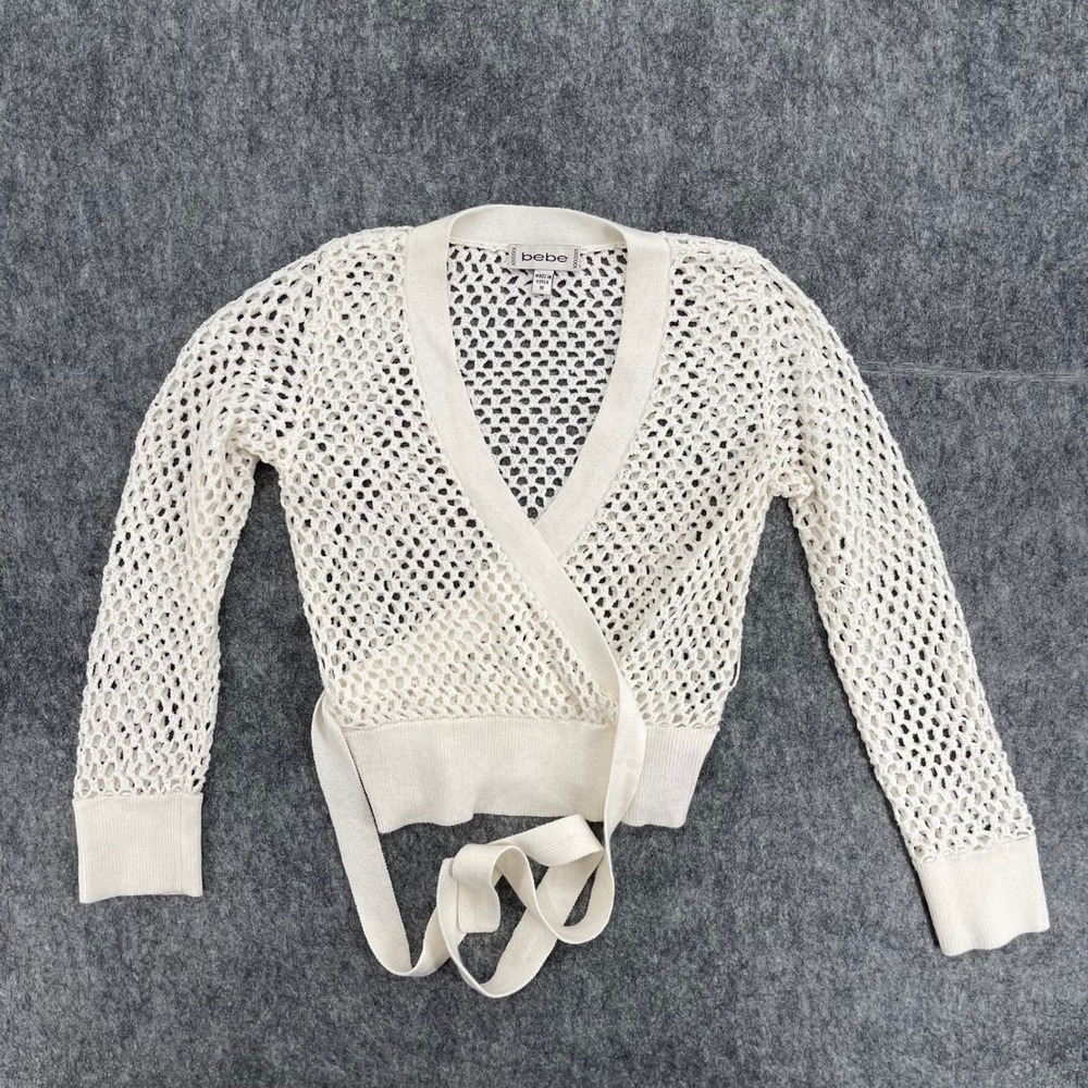 Vintage Bebe Cardigan Womens Medium Open Knit Wrap Fishnet Crochet Tie Waist